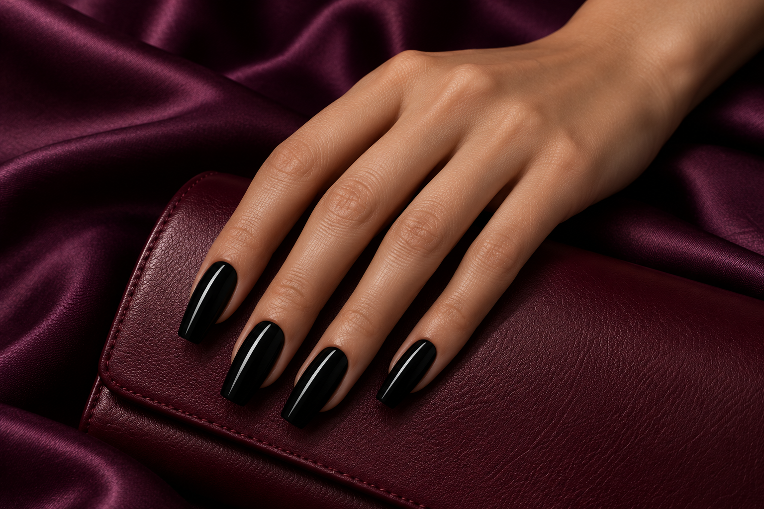 Blackout glossy black coffin nails on a burgundy evening clutch