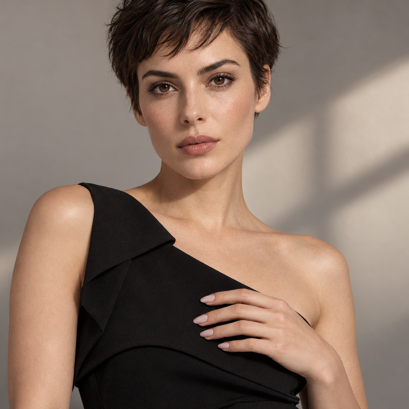 Pale nude nails against a black one-shoulder dress with a short pixie hairstyle