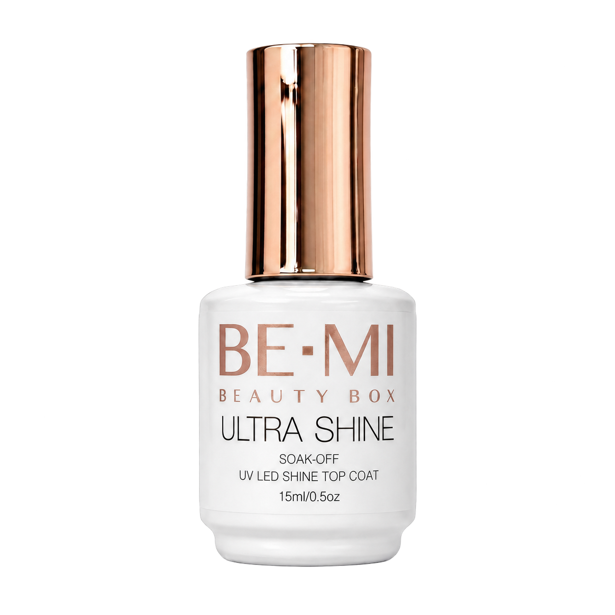 BEMI Ultra Shine top coat bottle with a rose-gold cap
