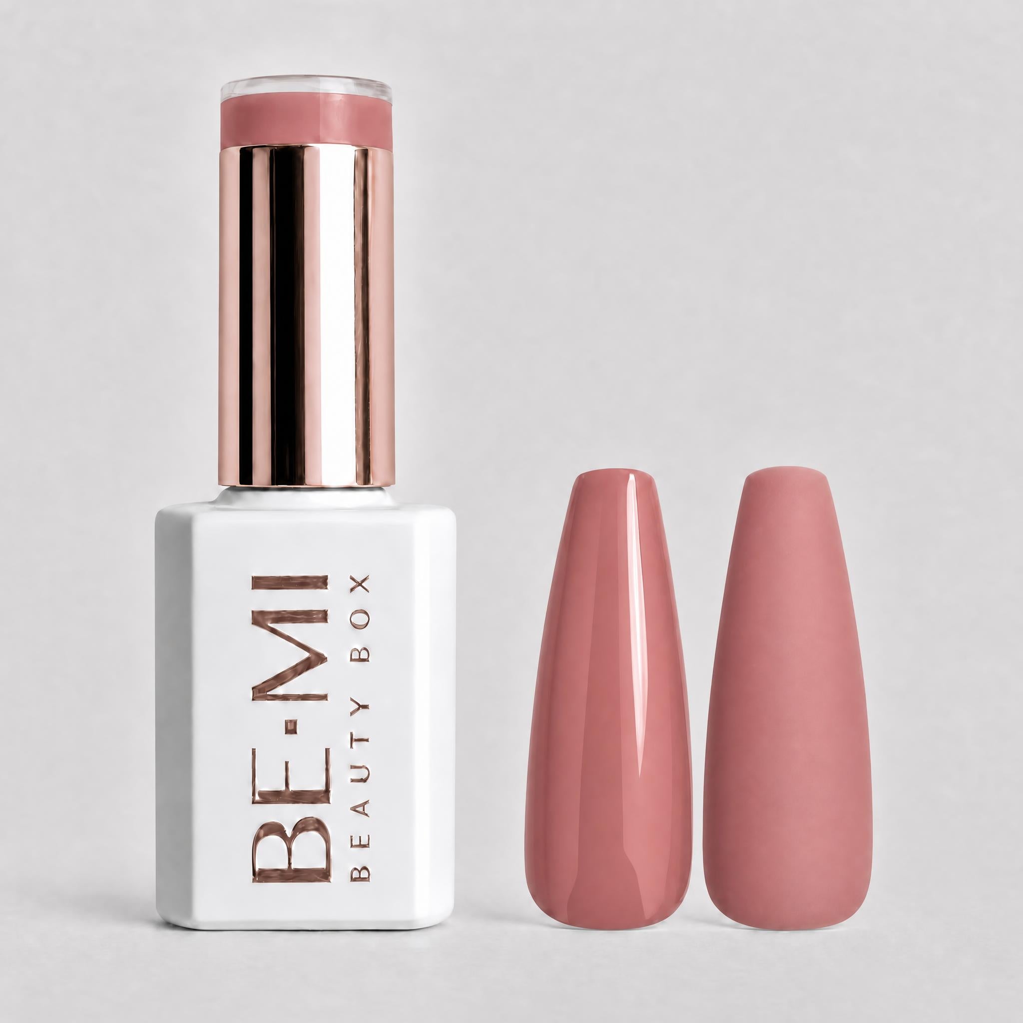 BEMI Creami F08 Gel Polish bottle and color swatch demonstrating full-coverage, self-leveling viscosity designed for professional, streak-free application.