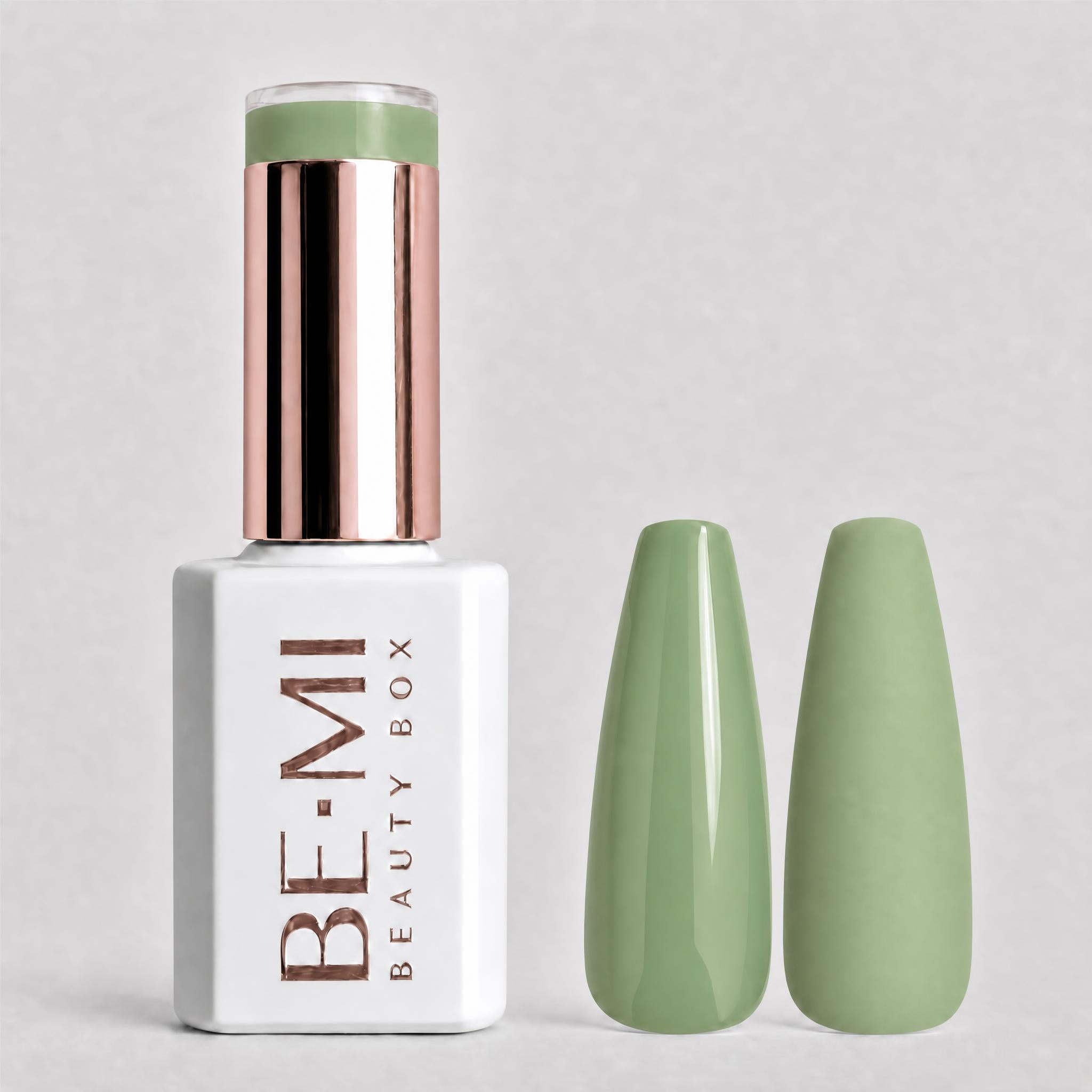 BEMI Creami F10 Gel Polish bottle and color swatch demonstrating full-coverage, self-leveling viscosity designed for professional, streak-free application.