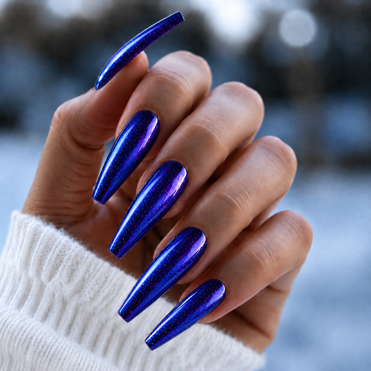 Finished manicured nails with a high-shine liquid metal effect using BEMI Chrome in Beam, burnished flawlessly over a gel base for professional nail artistry.
