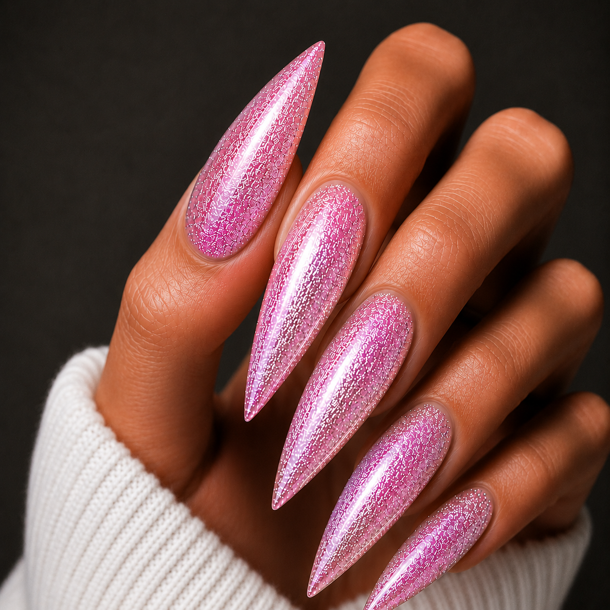 Finished manicured nails using BEMI Metal Leaf Gel in Blossom, demonstrating a multidimensional, metallic effect and a flawless, professional finish.