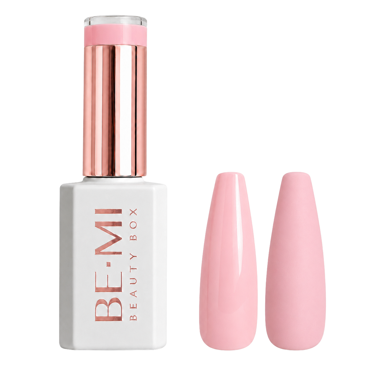 BEMI Creami CR104 Bare With Me gel polish bottle and color swatch showing a warm peach-nude sheer color.
