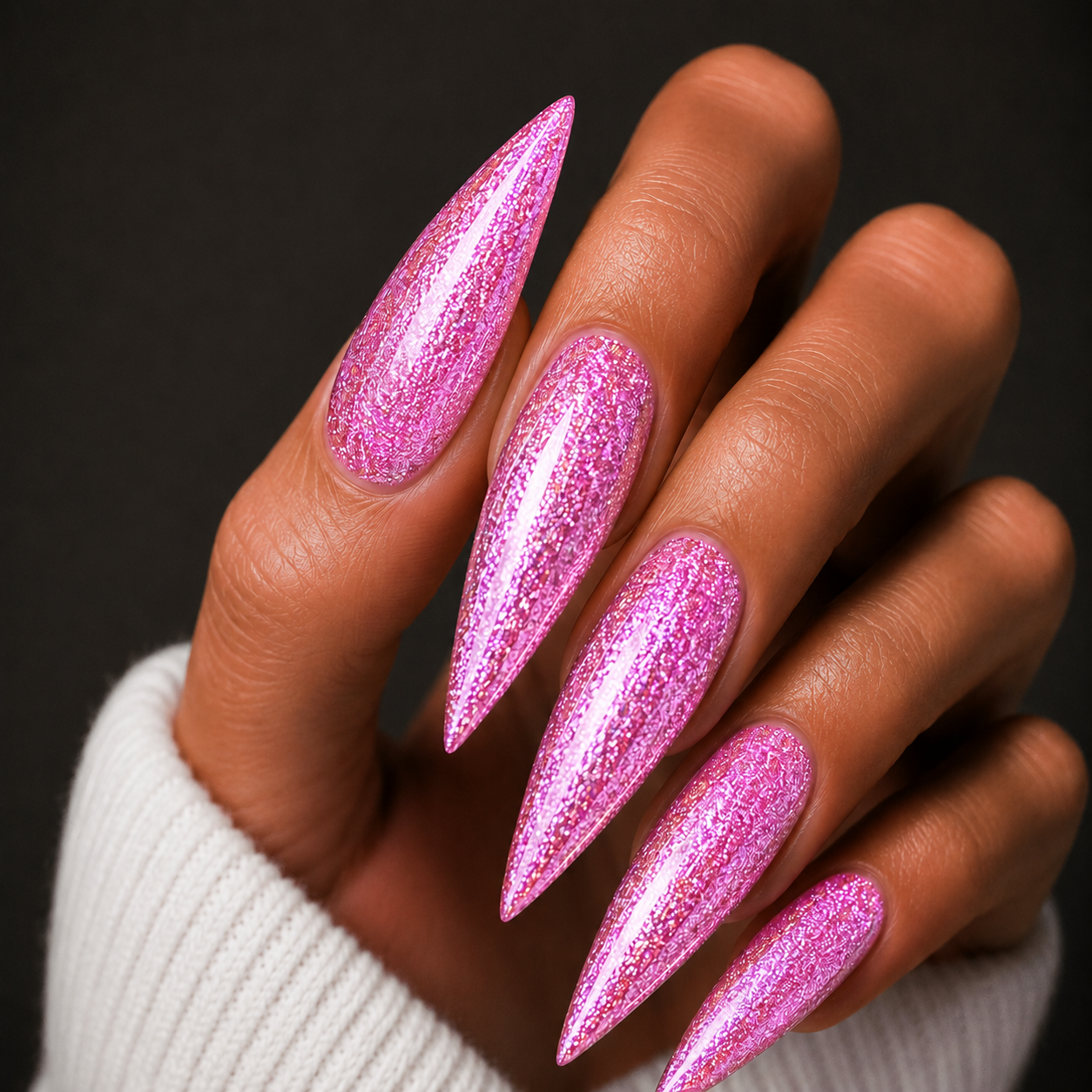 Finished manicured nails using BEMI Metal Leaf Gel in Candy, demonstrating a multidimensional, metallic effect and a flawless, professional finish.