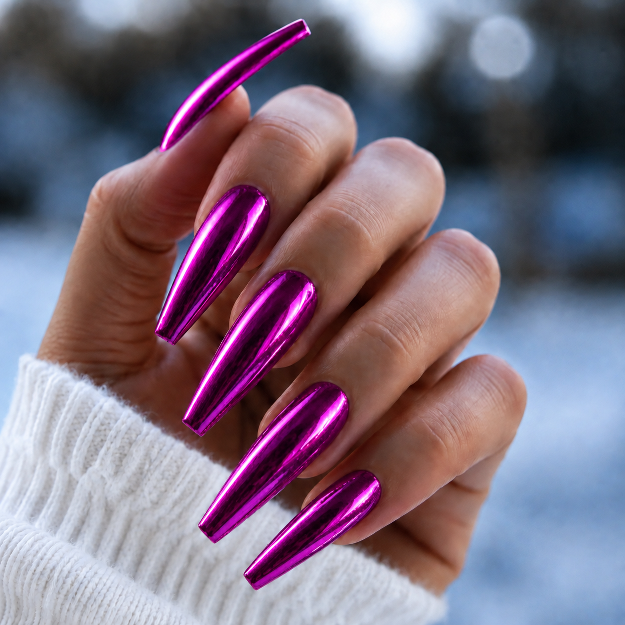 Finished manicured nails with a high-shine liquid metal effect using BEMI Chrome in Chroma Berry, burnished flawlessly over a gel base for professional nail artistry.