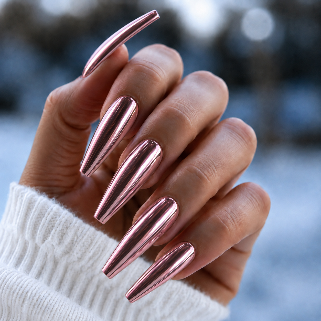 Finished manicured nails with a high-shine liquid metal effect using BEMI Chrome in Chroma Blush, burnished flawlessly over a gel base for professional nail artistry.