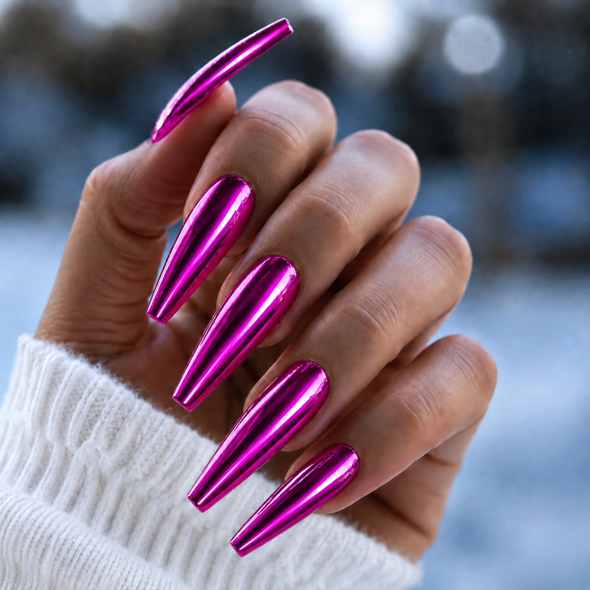 Finished manicured nails with a high-shine liquid metal effect using BEMI Chrome in Chroma Fuchsia, burnished flawlessly over a gel base for professional nail artistry.