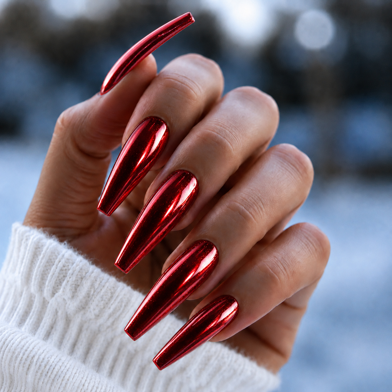 Finished manicured nails with a high-shine liquid metal effect using BEMI Chrome in Chroma Red, burnished flawlessly over a gel base for professional nail artistry.
