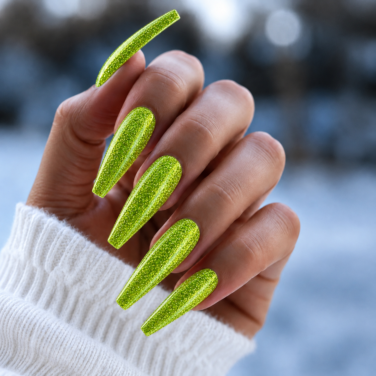 Finished manicured nails using BEMI Metal Leaf Gel in Electric, demonstrating a multidimensional, metallic effect and a flawless, professional finish.