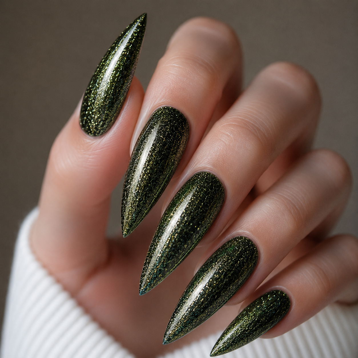 Finished manicured nails using BEMI Metal Leaf Gel in Evergreen, demonstrating a multidimensional, metallic effect and a flawless, professional finish.