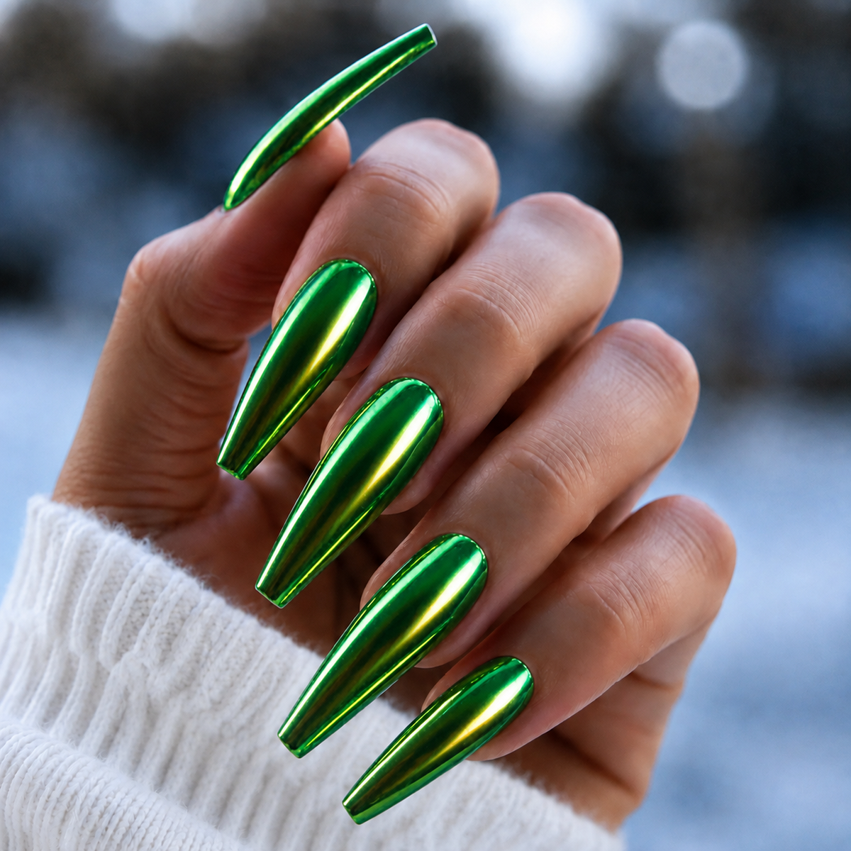 Finished manicured nails with a high-shine liquid metal effect using BEMI Chrome in Flora, burnished flawlessly over a gel base for professional nail artistry.