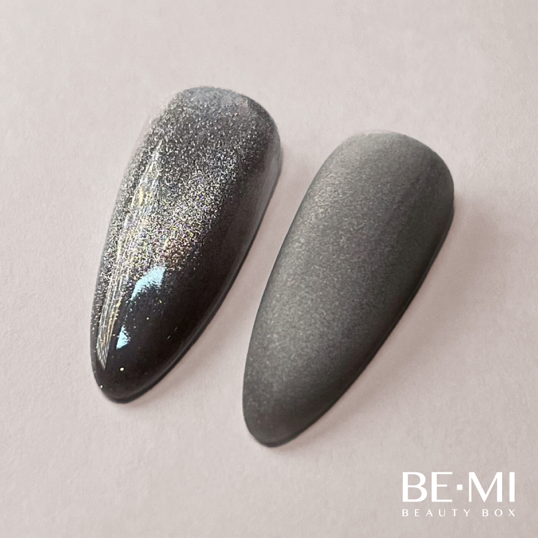 Finished manicured nails using Celestial - BEMI Cat Eye Gel, demonstrating activated magnetic particle dispersion for a multidimensional, velvet-light effect and a flawless professional finish. 