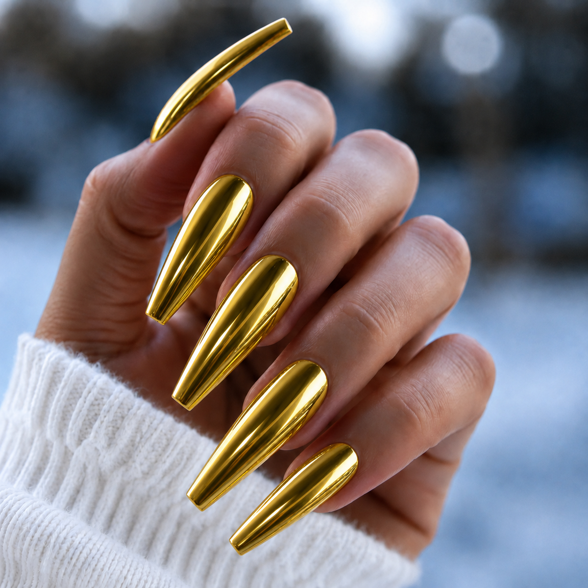 Finished manicured nails with a high-shine liquid metal effect using BEMI Chrome in Gold Mirror, burnished flawlessly over a gel base for professional nail artistry.
