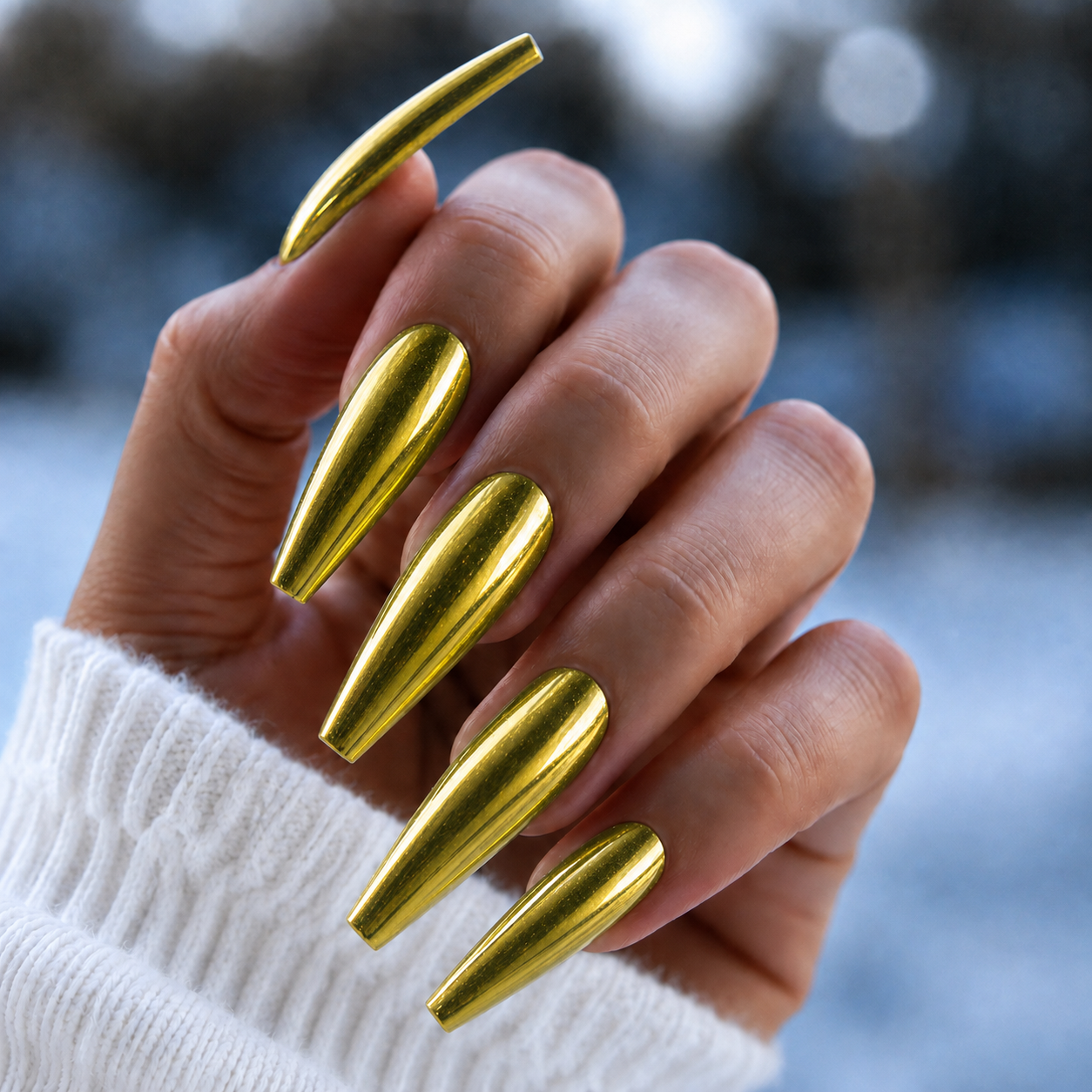 Finished manicured nails with a high-shine liquid metal effect using BEMI Chrome in Halo, burnished flawlessly over a gel base for professional nail artistry.