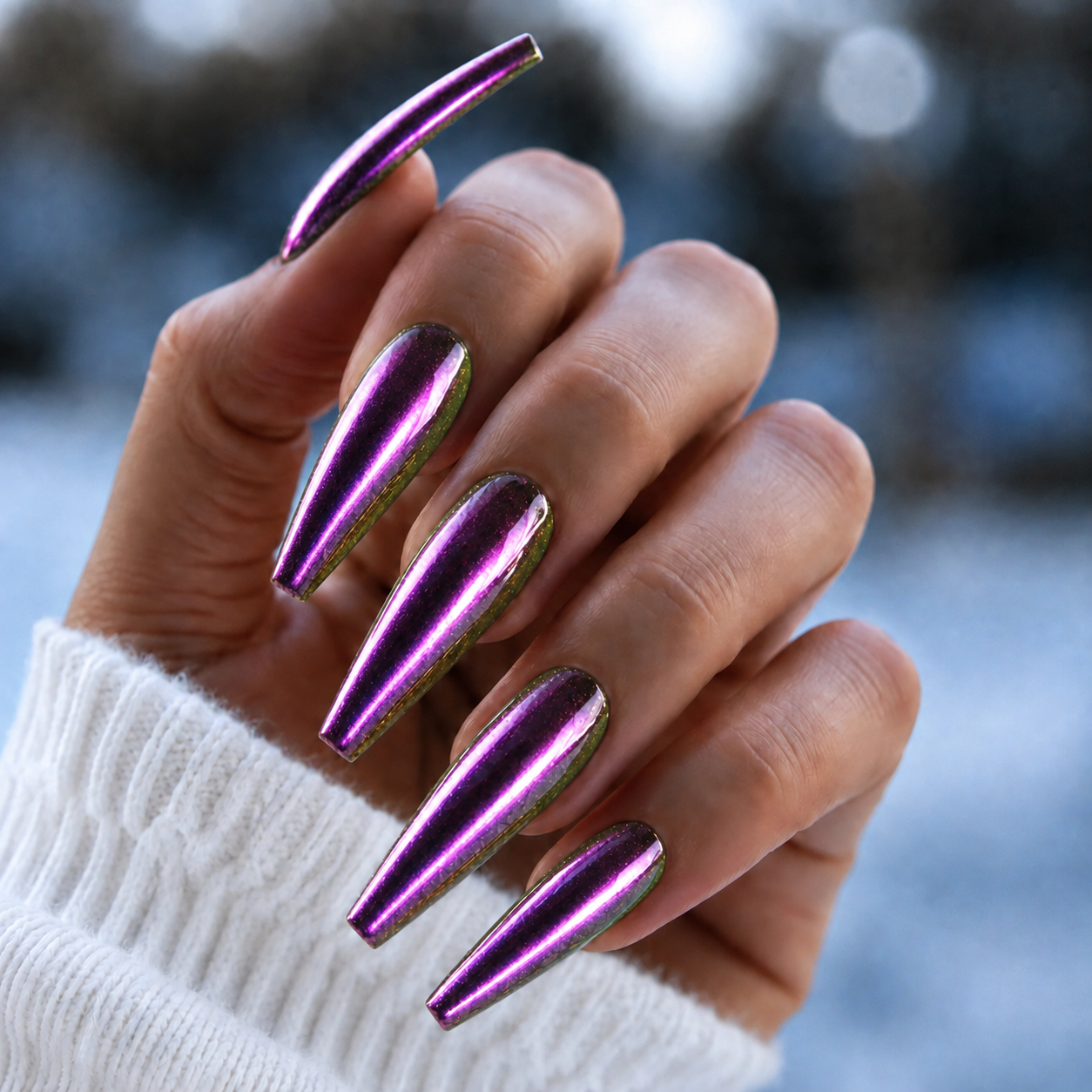 Finished manicured nails with a high-shine liquid metal effect using BEMI Chrome in Iris, burnished flawlessly over a gel base for professional nail artistry.