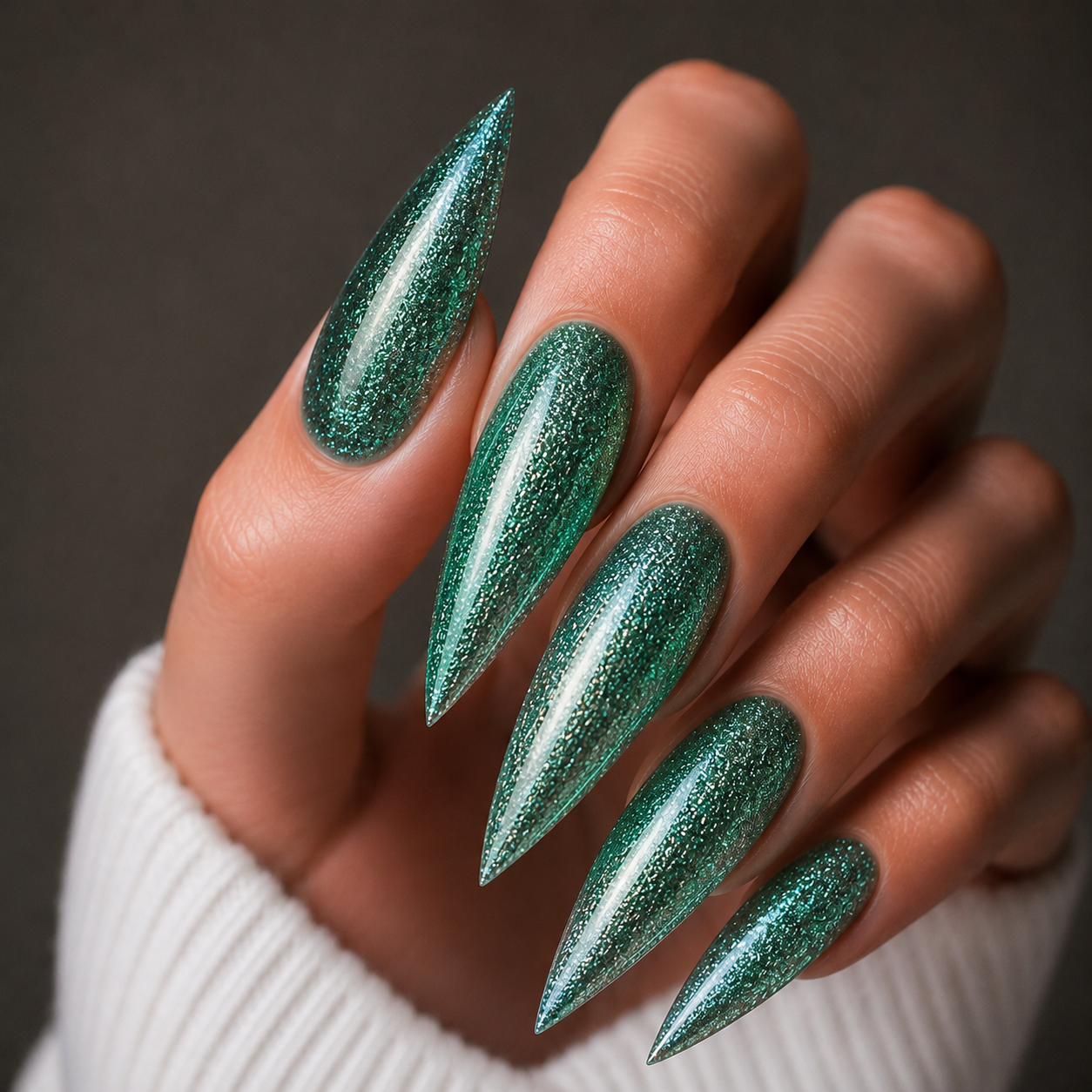 Finished manicured nails using BEMI Metal Leaf Gel in Jade, demonstrating a multidimensional, metallic effect and a flawless, professional finish.