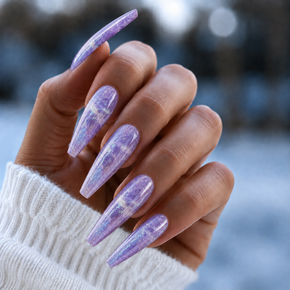 Finished manicured nails using BEMI Quartz Gel Polish in Lavender, demonstrating soft translucence, luminous depth, and a refined, professional finish.