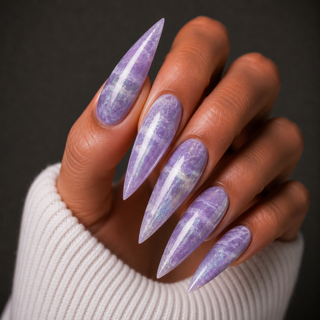 Finished manicured nails using BEMI Quartz Gel Polish in Lavender, demonstrating soft translucence, luminous depth, and a refined, professional finish.