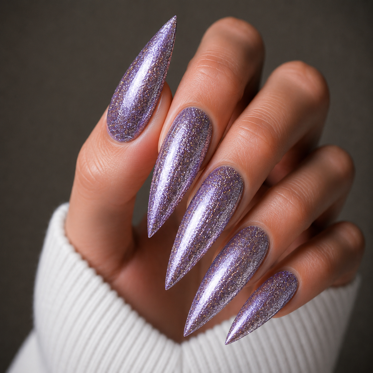 Finished manicured nails using BEMI Metal Leaf Gel in Lilac, demonstrating a multidimensional, metallic effect and a flawless, professional finish.