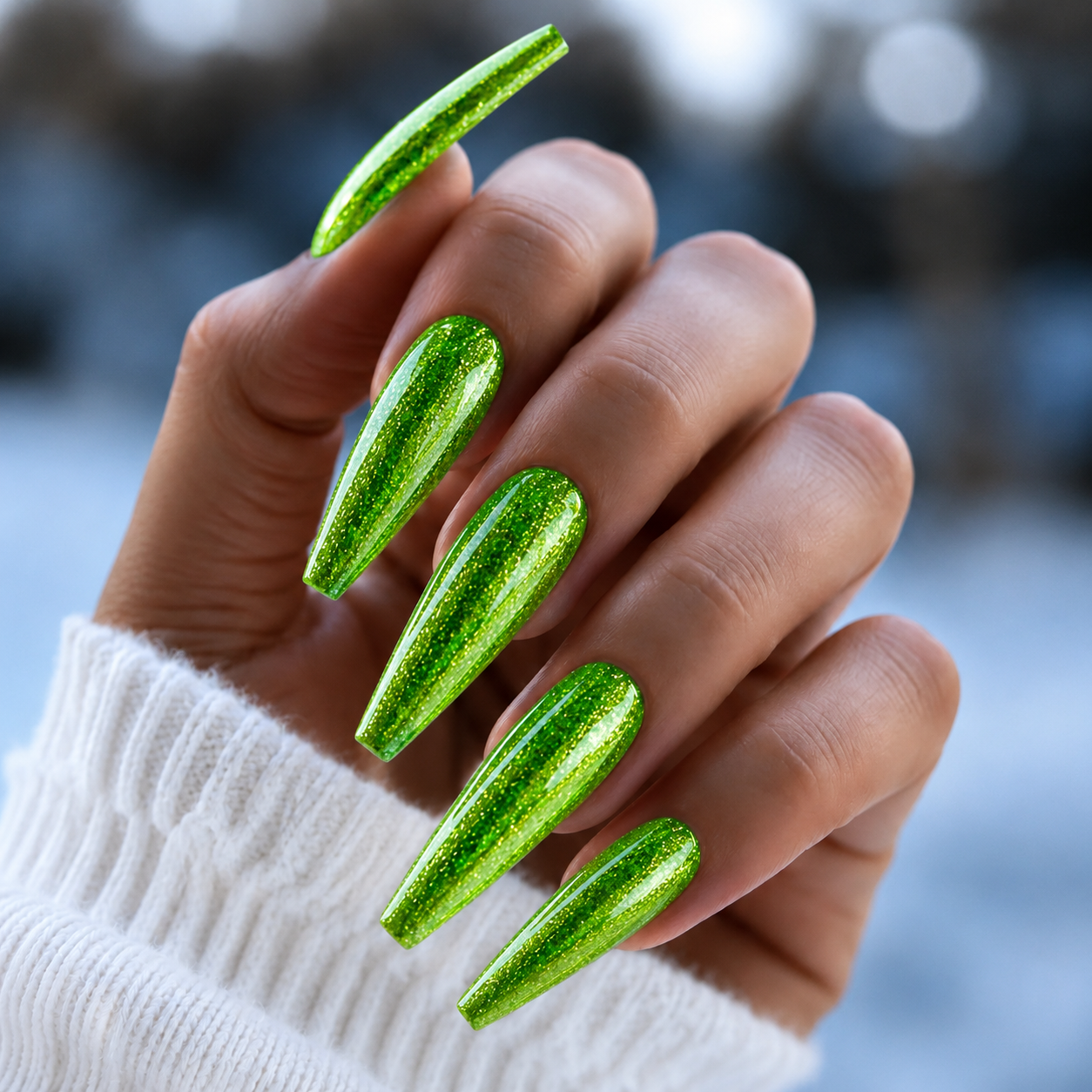 Finished manicured nails using BEMI Metal Leaf Gel in Limelight, demonstrating a multidimensional, metallic effect and a flawless, professional finish.