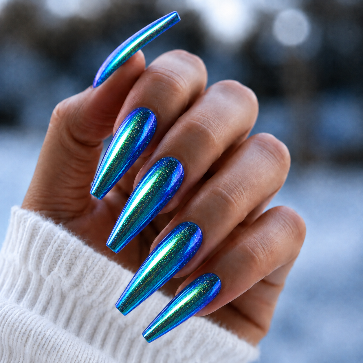 Finished manicured nails with a high-shine liquid metal effect using BEMI Chrome in Lumen, burnished flawlessly over a gel base for professional nail artistry.