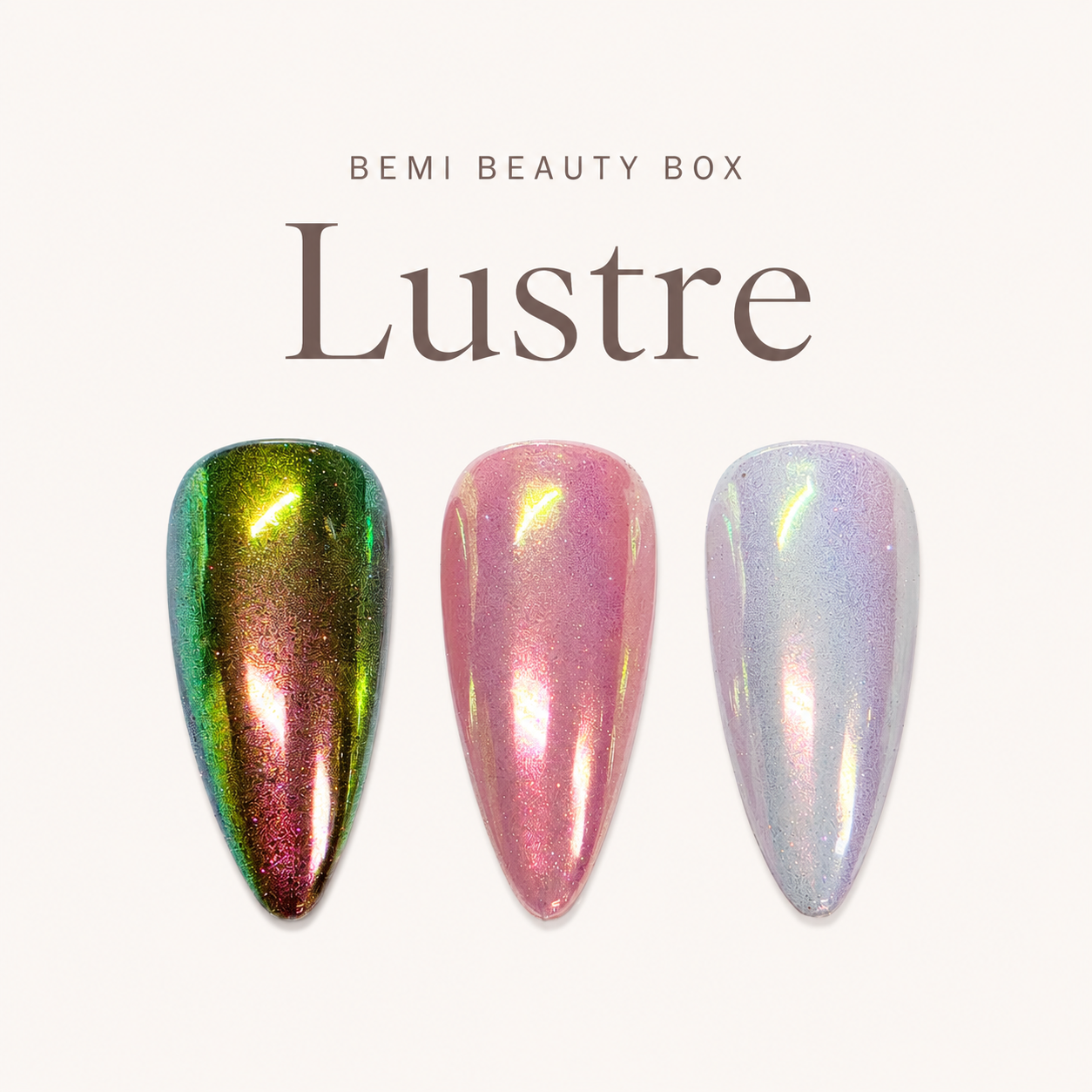 Finished manicured nails with a high-shine liquid metal effect using BEMI Chrome in Lustre, burnished flawlessly over a gel base for professional nail artistry.