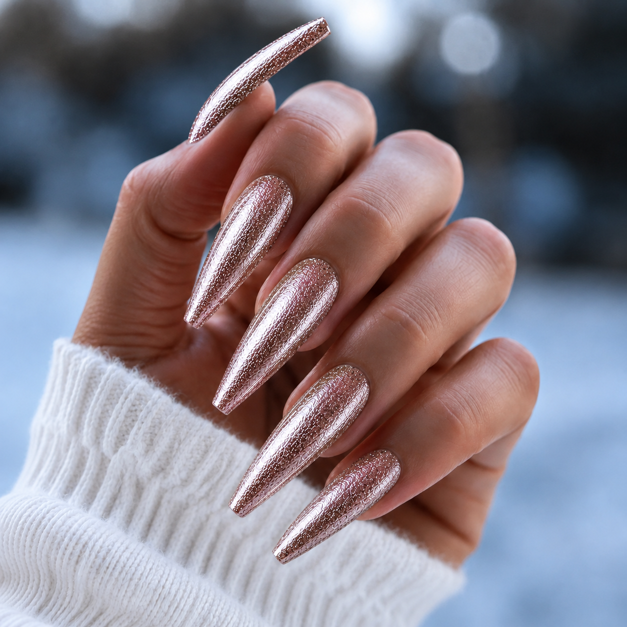 Finished manicured nails using BEMI Metal Leaf Gel in Moonbeam, demonstrating a multidimensional, metallic effect and a flawless, professional finish.