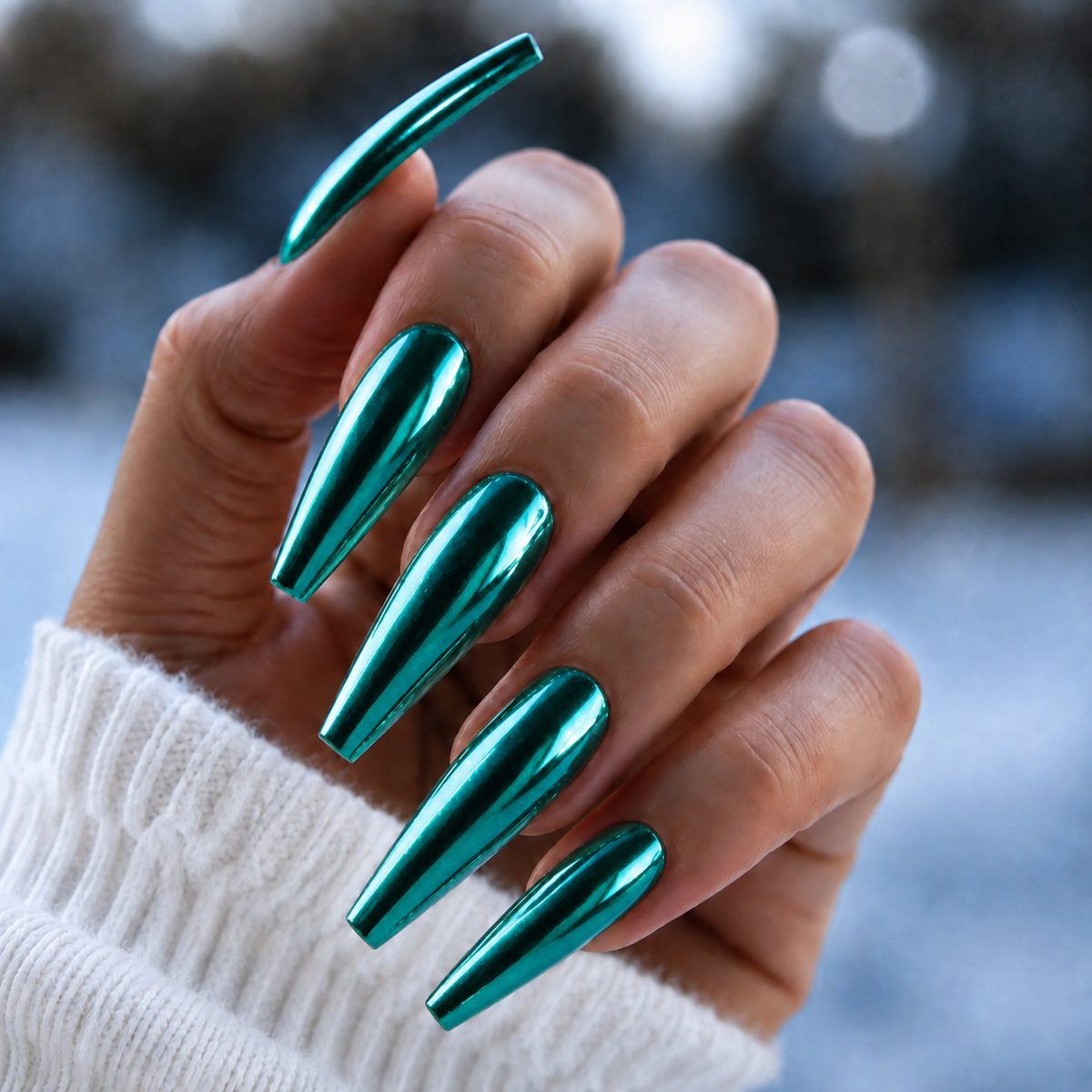 Finished manicured nails with a high-shine liquid metal effect using BEMI Chrome in Moonshine, burnished flawlessly over a gel base for professional nail artistry.