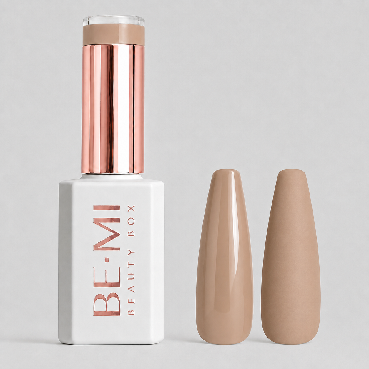 BEMI Creami N02 Gel Polish bottle and color swatch demonstrating full-coverage, self-leveling viscosity designed for professional, streak-free application.