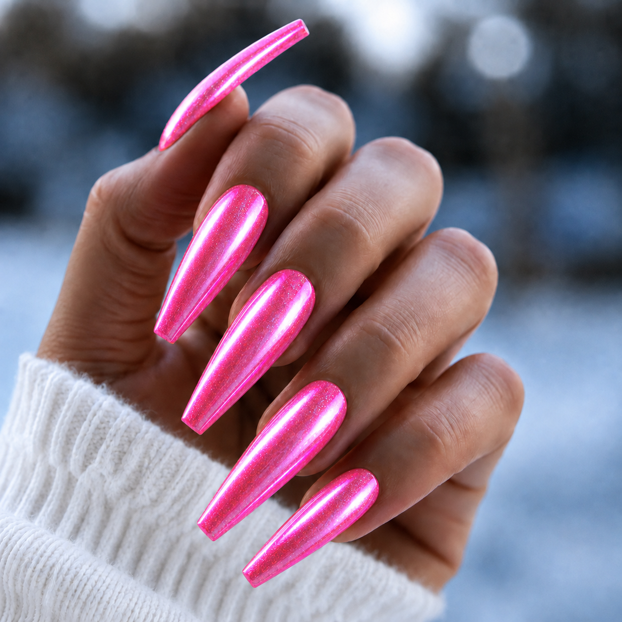 Finished manicured nails with a high-shine liquid metal effect using BEMI Chrome in Neo Pink, burnished flawlessly over a gel base for professional nail artistry.