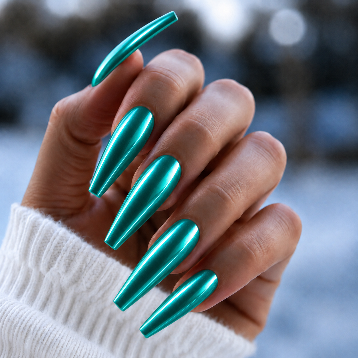 Finished manicured nails with a high-shine liquid metal effect using BEMI Chrome in Neo Teal, burnished flawlessly over a gel base for professional nail artistry.