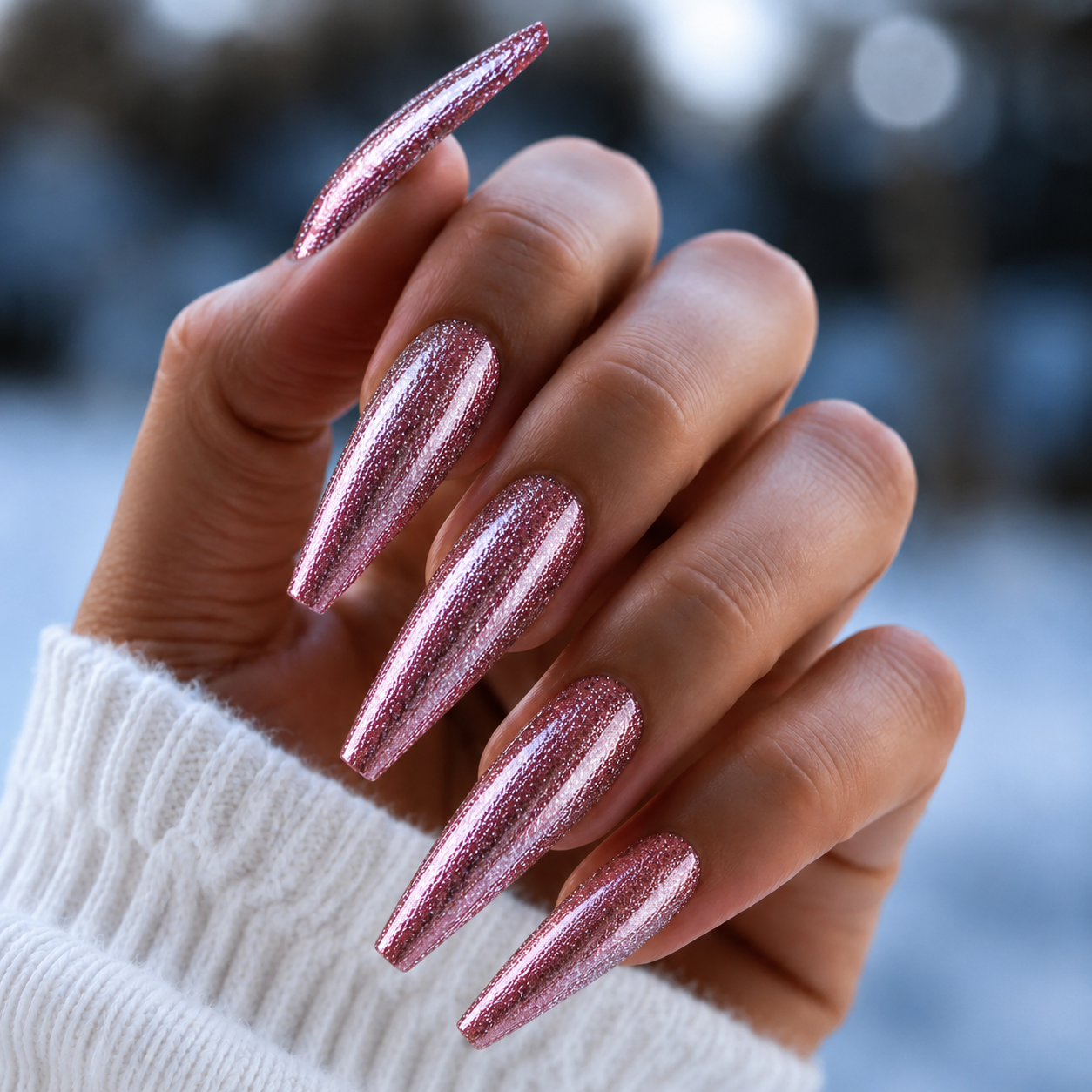 Finished manicured nails using BEMI Metal Leaf Gel in Nova, demonstrating a multidimensional, metallic effect and a flawless, professional finish.