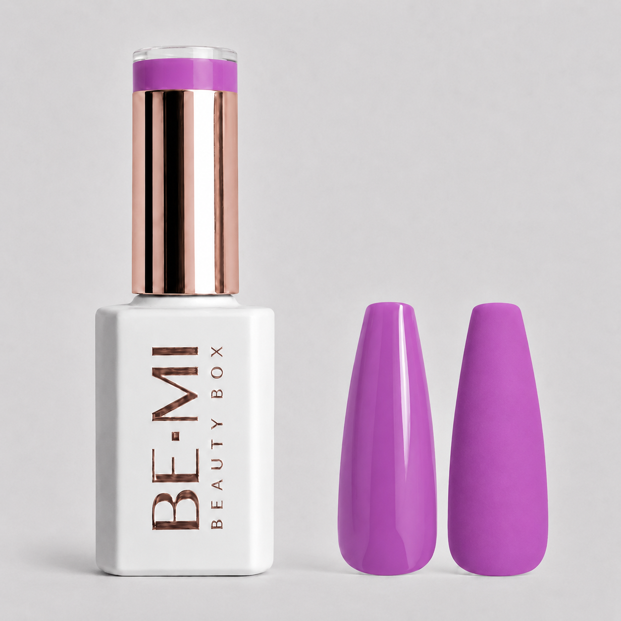 BEMI Creami O02 Gel Polish bottle and color swatch demonstrating full-coverage, self-leveling viscosity designed for professional, streak-free application.