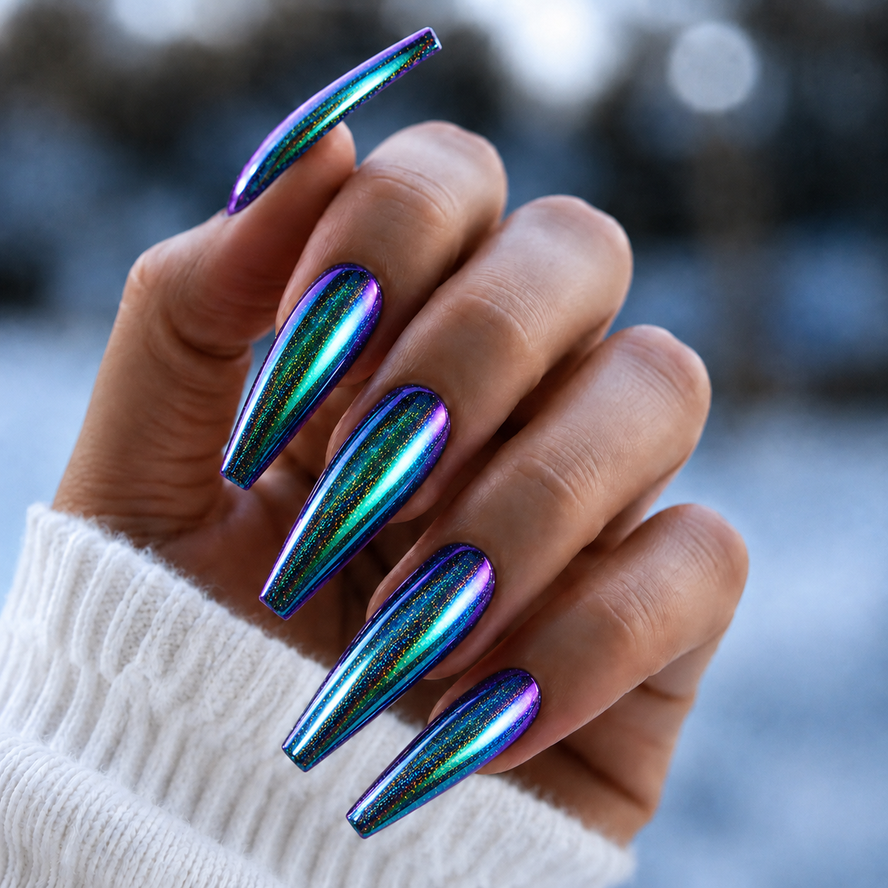 Finished manicured nails with a high-shine liquid metal effect using BEMI Chrome in Holo Oil Slick, burnished flawlessly over a gel base for professional nail artistry.