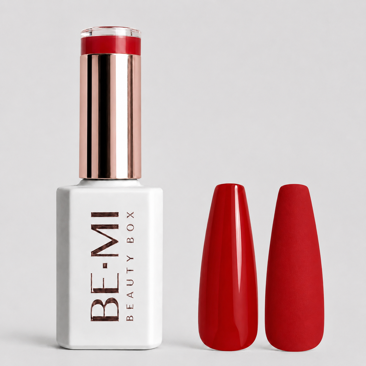 BEMI Creami R02 Gel Polish bottle and color swatch demonstrating full-coverage, self-leveling viscosity designed for professional, streak-free application.