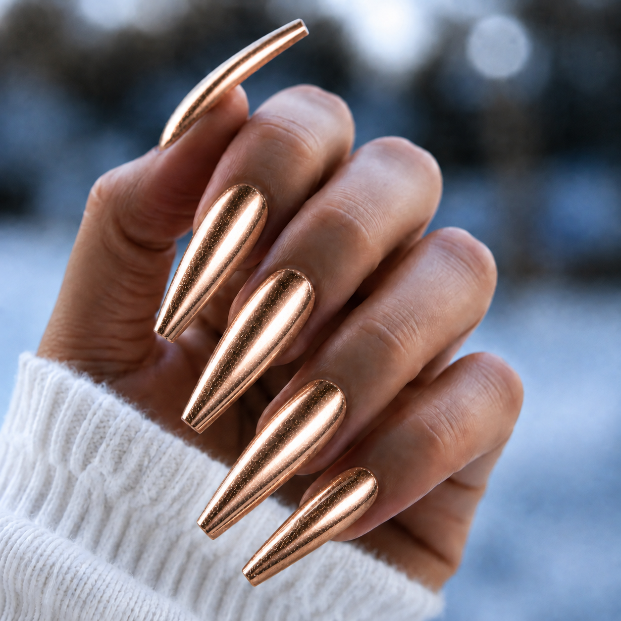 Finished manicured nails with a high-shine liquid metal effect using BEMI Chrome in Rose Gold, burnished flawlessly over a gel base for professional nail artistry.
