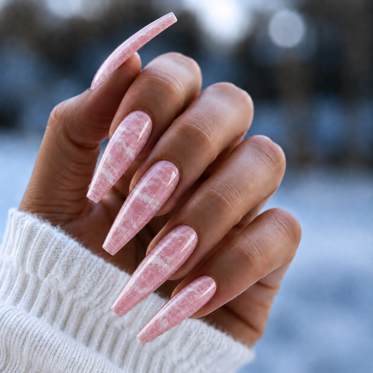 Finished manicured nails using BEMI Quartz Gel Polish in Rose, demonstrating soft translucence, luminous depth, and a refined, professional finish.