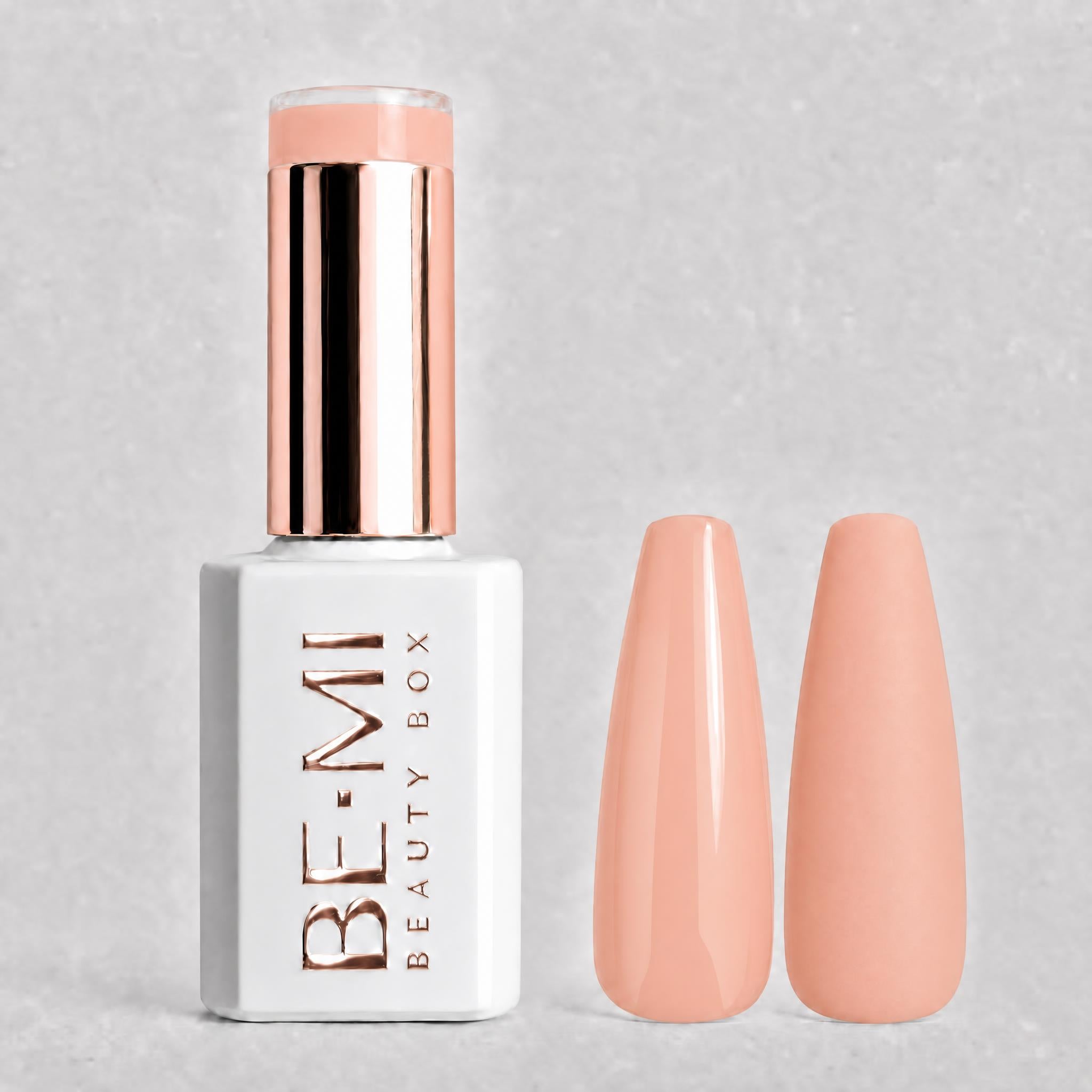 BEMI Creami SN03 Gel Polish bottle and color swatch demonstrating full-coverage, self-leveling viscosity designed for professional, streak-free application.