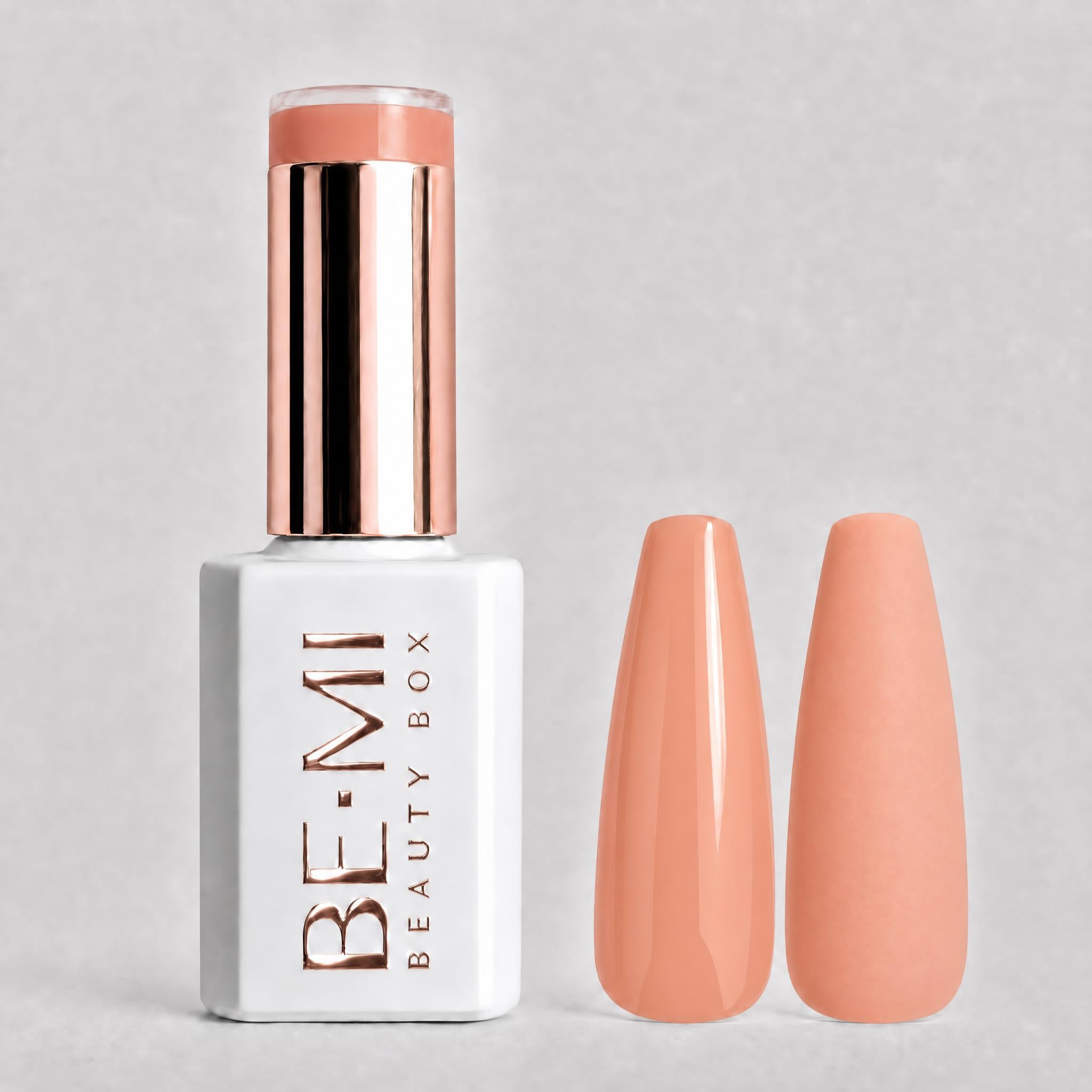 BEMI Creami SN04 Gel Polish bottle and color swatch demonstrating full-coverage, self-leveling viscosity designed for professional, streak-free application.