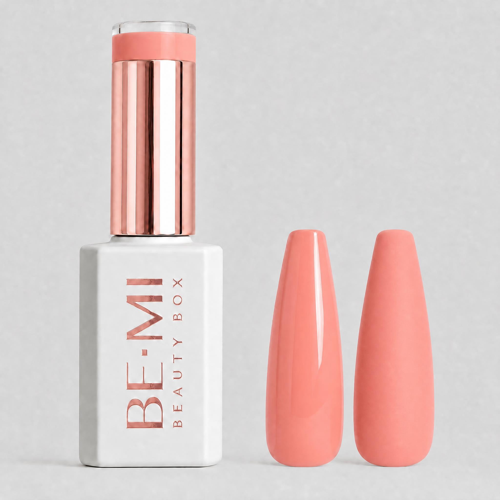 BEMI Creami SS05 - Bake Me Blush Gel Polish bottle and color swatch demonstrating full-coverage, self-leveling viscosity designed for professional, streak-free application.