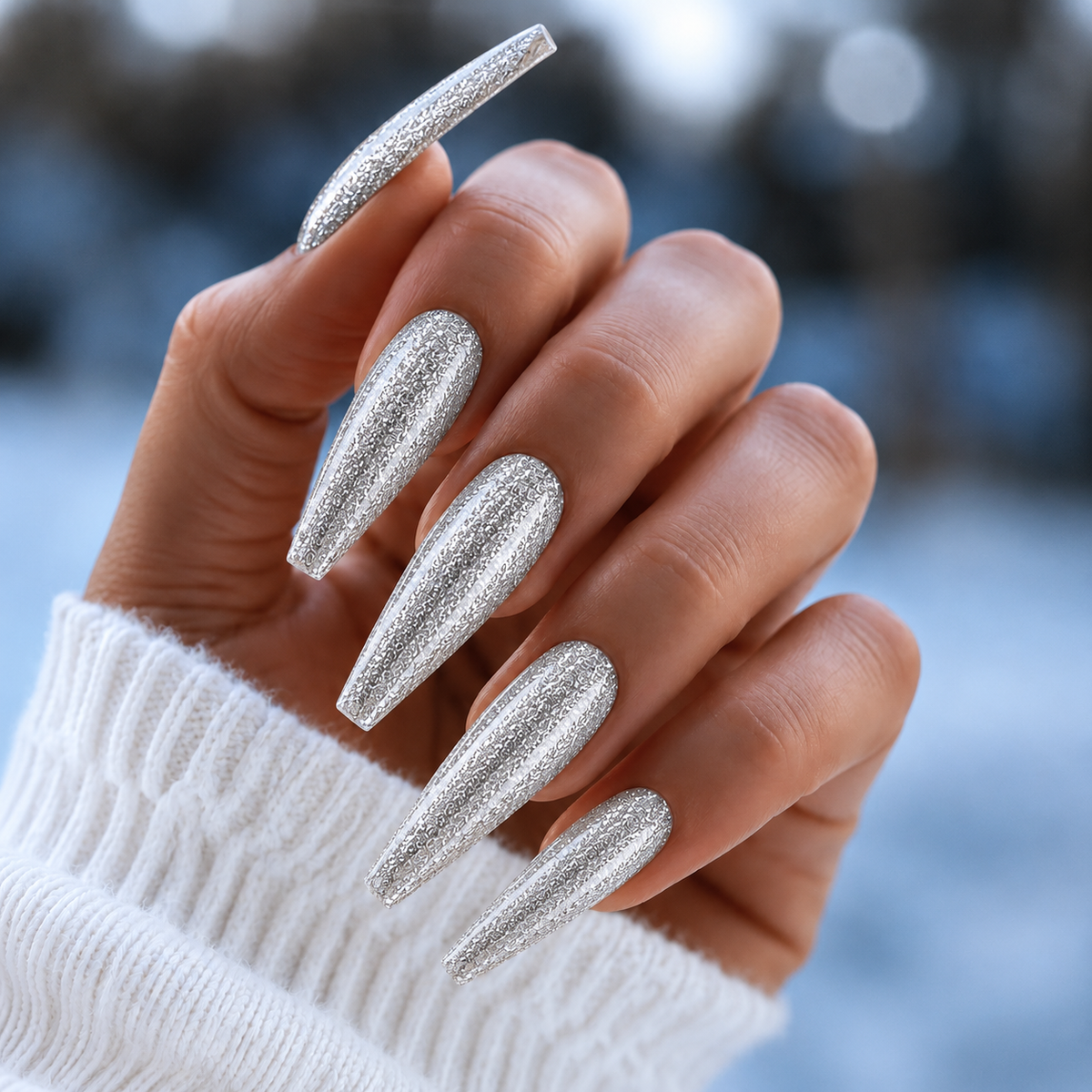 Finished manicured nails using BEMI Metal Leaf Gel in Silver, demonstrating a multidimensional, metallic effect and a flawless, professional finish.