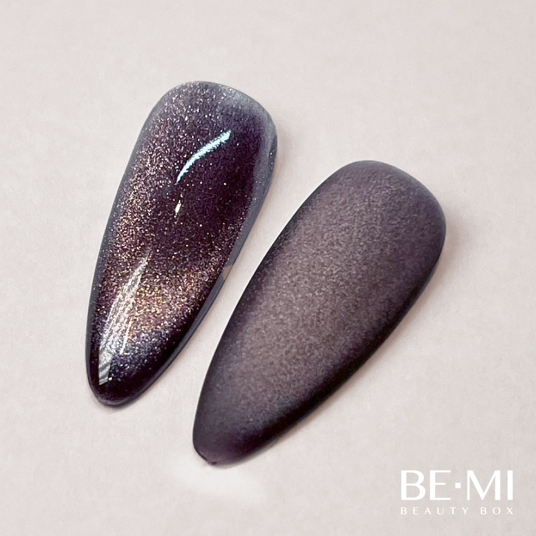 Finished manicured nails using Skyler - BEMI Cat Eye Gel, demonstrating activated magnetic particle dispersion for a multidimensional, velvet-light effect and a flawless professional finish. 