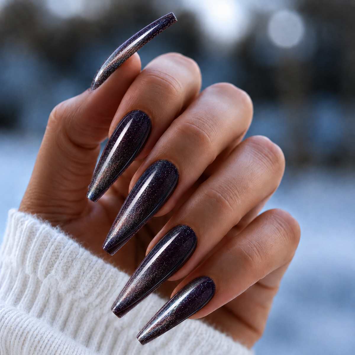 Finished manicured nails using Skyler - BEMI Cat Eye Gel, demonstrating activated magnetic particle dispersion for a multidimensional, velvet-light effect and a flawless professional finish. 