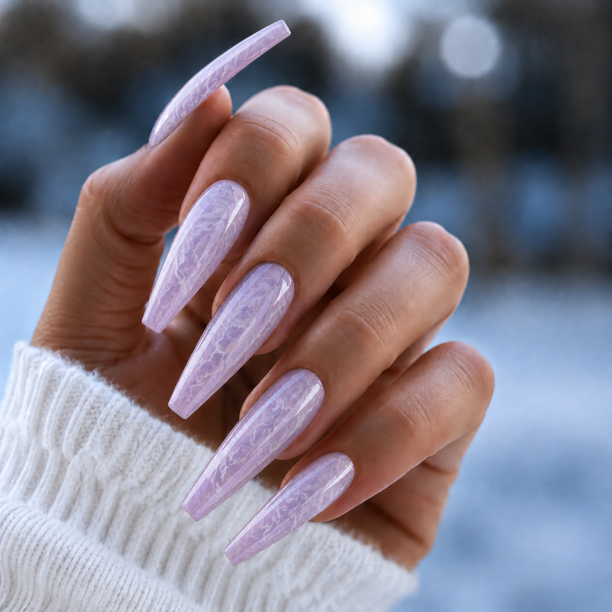 Finished manicured nails using BEMI Quartz Gel Polish in Taro, demonstrating soft translucence, luminous depth, and a refined, professional finish.