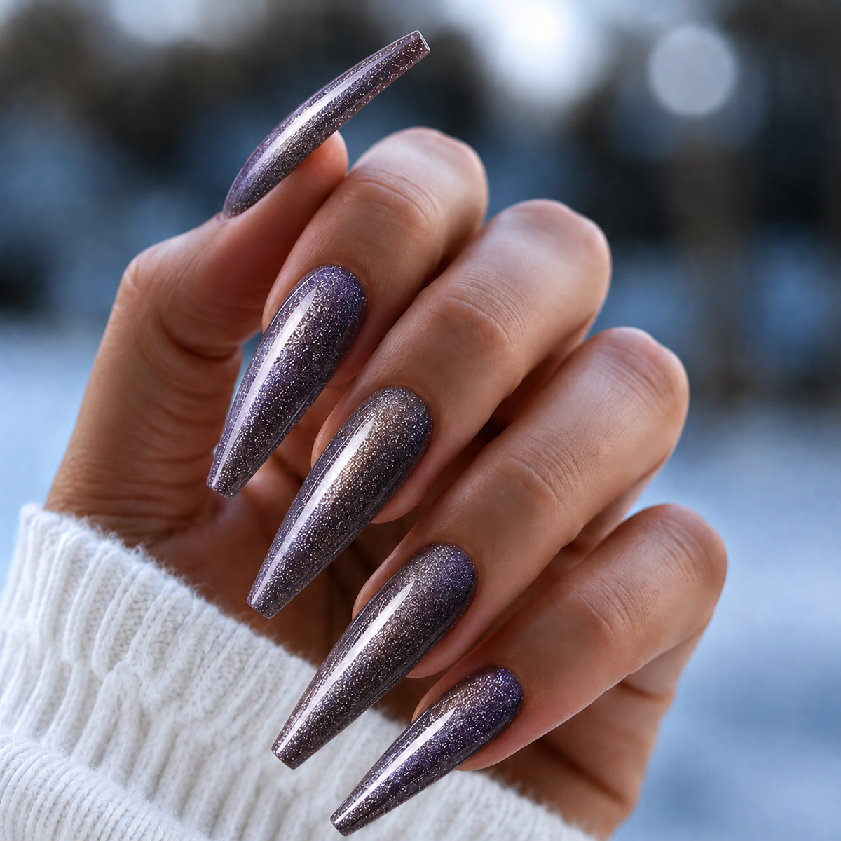Finished manicured nails using Venus - BEMI Cat Eye Gel, demonstrating activated magnetic particle dispersion for a multidimensional, velvet-light effect and a flawless professional finish. 