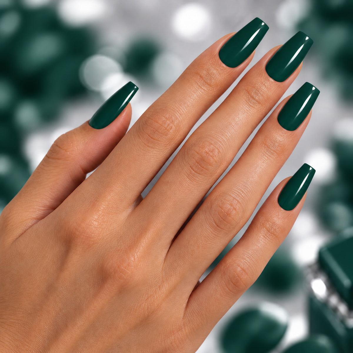 BEMI Creami F11 — illustrative color preview on long coffin nails with coordinated floral background