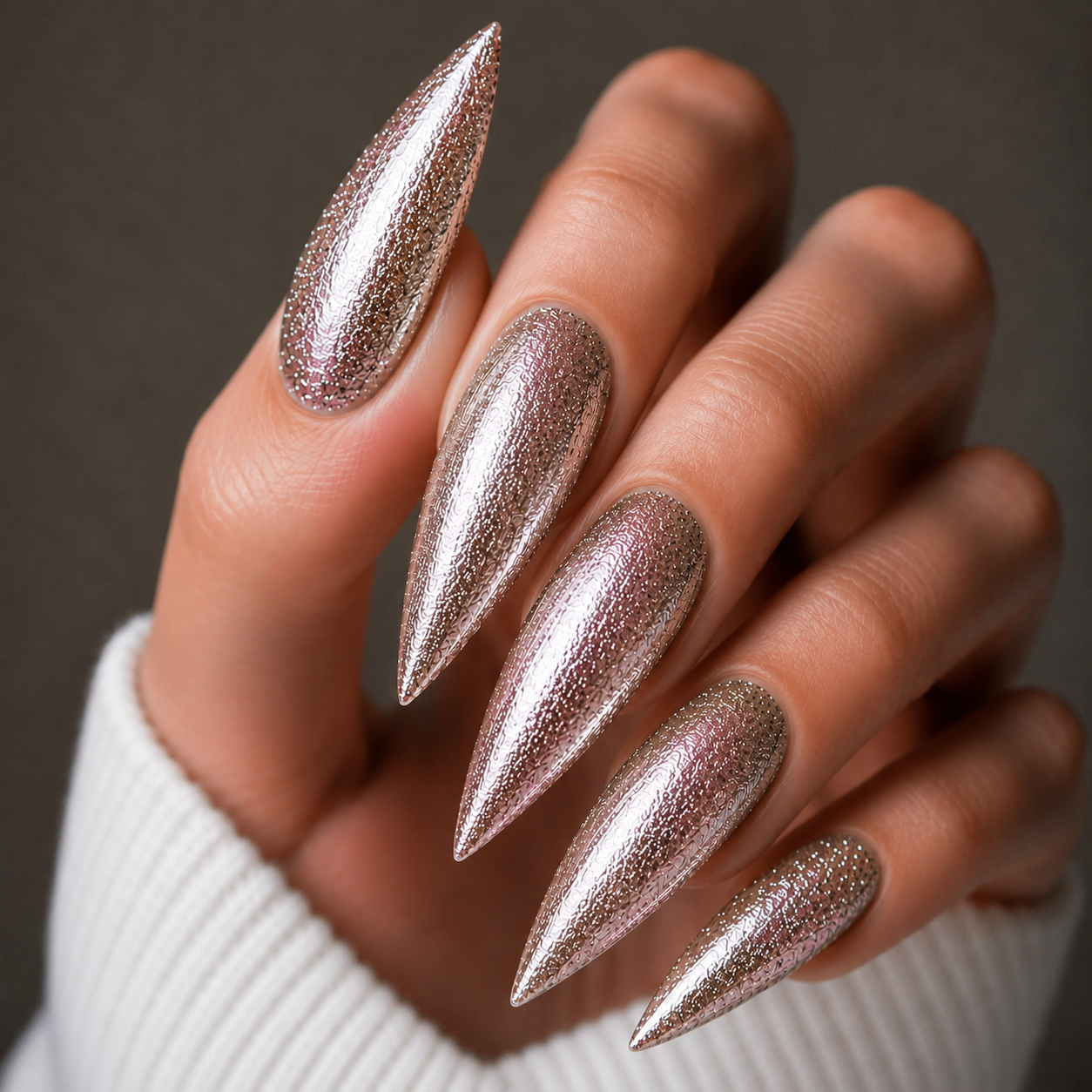 Finished manicured nails using BEMI Metal Leaf Gel in Moonbeam, demonstrating a multidimensional, metallic effect and a flawless, professional finish.