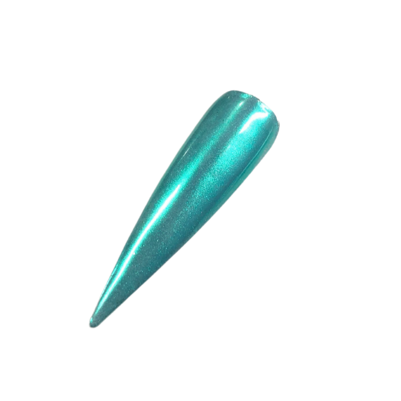 Finished manicured nails with a high-shine liquid metal effect using BEMI Chrome in Neo Teal, burnished flawlessly over a gel base for professional nail artistry.