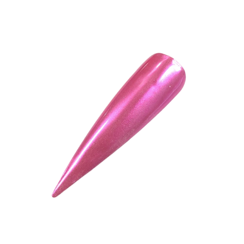 Finished manicured nails with a high-shine liquid metal effect using BEMI Chrome in Neo Pink, burnished flawlessly over a gel base for professional nail artistry.